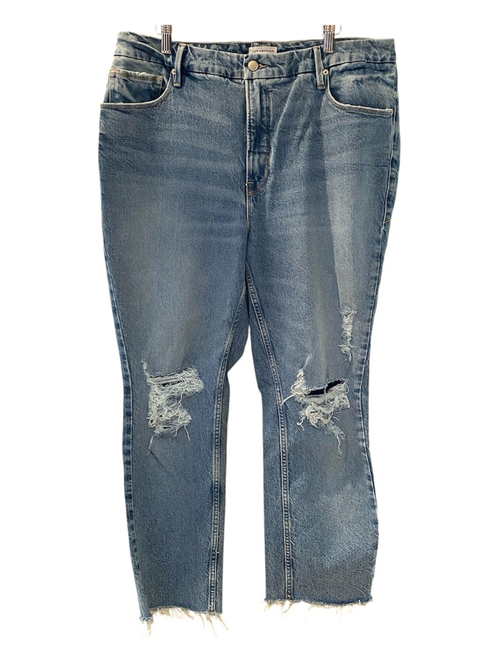 Good American Jeans Size 14-16 Slim Straight Blue Hig Rise Distressed Stretchy